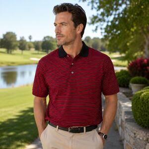 Como Sport Made in Italy Red Black Striped Polo Shirt 100% Cotton Men's M